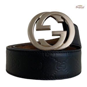Authentic Gucci Black Guccissima Leather Silver Interlocking G Buckle Belt 95/38